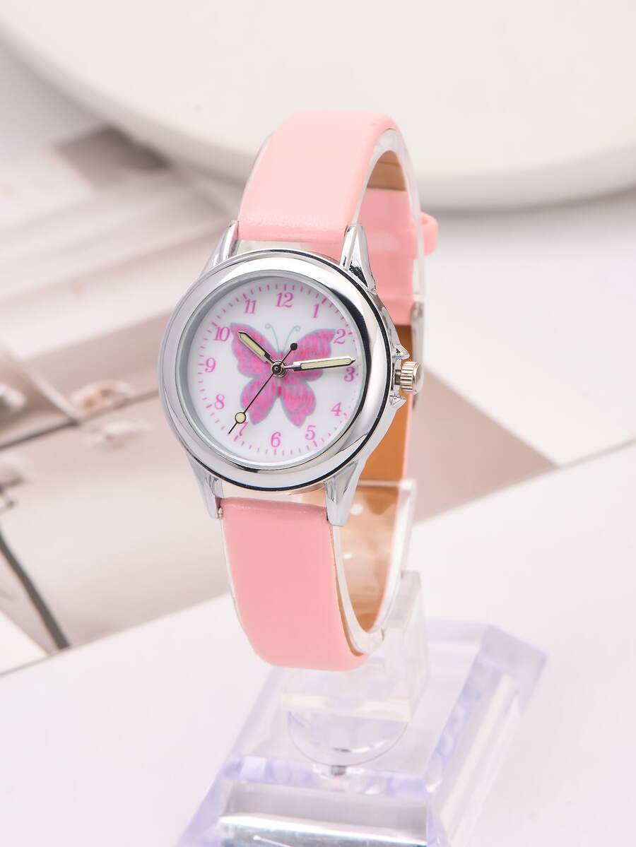 兒童蝴蝶樣式錶盤發光發亮石英表 - 粉色 - 查看 1