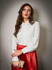 Modelyn Blusa de cuello con cordón con encaje - Blanco - Ver 1