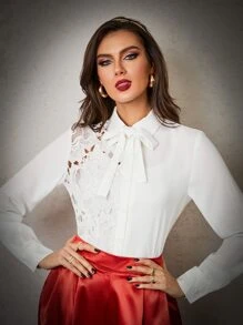 Modelyn Blusa de cuello con cordón con encaje - Blanco - Ver 3