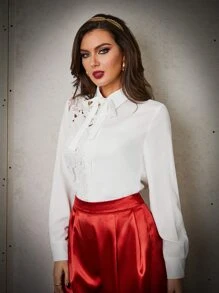 Modelyn Blusa de cuello con cordón con encaje - Blanco - Ver 4