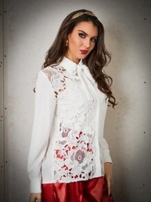 Modelyn Blusa de cuello con cordón con encaje - Blanco - Ver 5