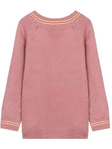 拼接條紋邊插肩袖開襟衫 - 藕粉色 - 查看 2