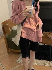 拼接條紋邊插肩袖開襟衫 - 藕粉色 - 查看 4