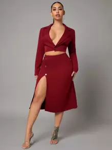 SHEIN SXY Bộ đồ hai mảnh nữ Nút Tách cao màu trơn Gợi cảm - Màu Đỏ Sâu - Xem 1