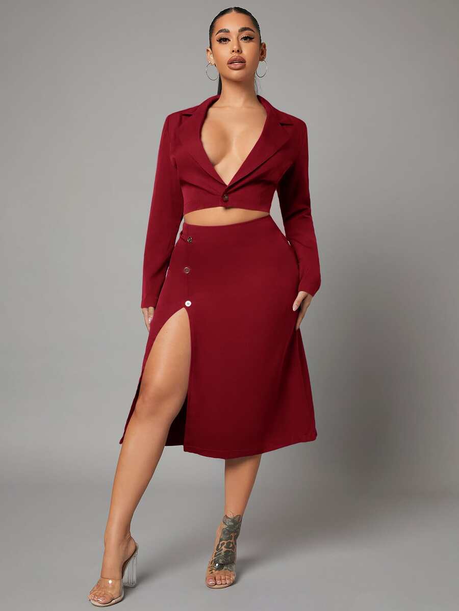 SHEIN SXY Bộ đồ hai mảnh nữ Nút Tách cao màu trơn Gợi cảm - Màu Đỏ Sâu - Xem 1
