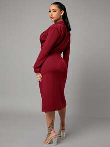 SHEIN SXY Bộ đồ hai mảnh nữ Nút Tách cao màu trơn Gợi cảm - Màu Đỏ Sâu - Xem 2