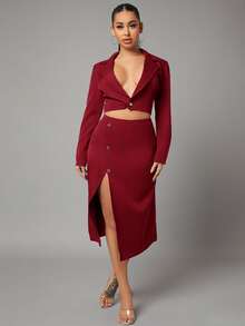 SHEIN SXY Bộ đồ hai mảnh nữ Nút Tách cao màu trơn Gợi cảm - Màu Đỏ Sâu - Xem 3