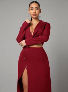 SHEIN SXY Bộ đồ hai mảnh nữ Nút Tách cao màu trơn Gợi cảm - Màu Đỏ Sâu - Xem 4