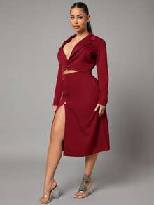 SHEIN SXY Bộ đồ hai mảnh nữ Nút Tách cao màu trơn Gợi cảm - Màu Đỏ Sâu - Xem 5