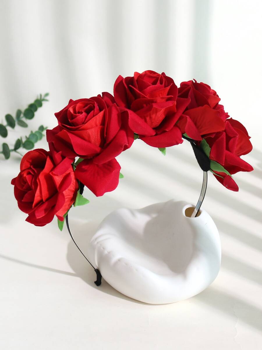 1入組花童白色模擬花箍，紅色花朵裝飾，適用於婚禮、慶祝活動和農曆新年 - 紅色 - 查看 1