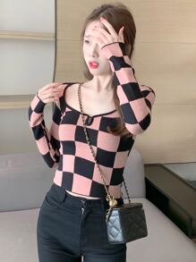 Checkered Keyhole Front Crop Sweater - Multicolor - View 1