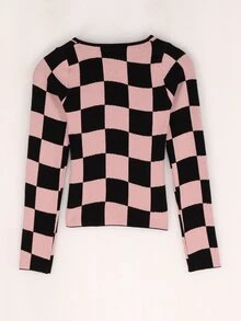 Checkered Keyhole Front Crop Sweater - Multicolor - View 2