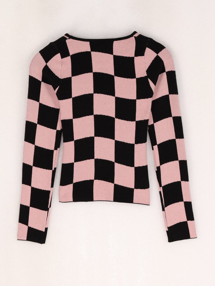 Checkered Keyhole Front Crop Sweater - Multicolor - View 2