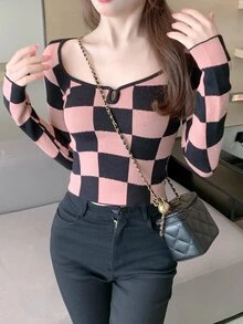 Checkered Keyhole Front Crop Sweater - Multicolor - View 4