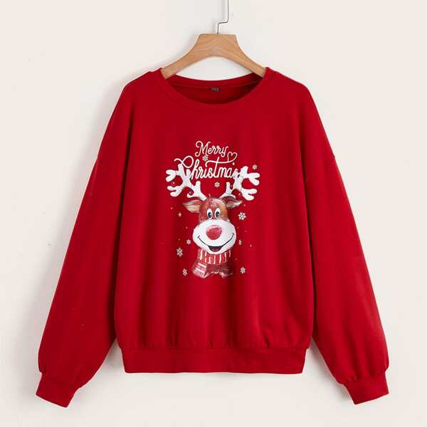 

Christmas Print Drop Shoulder Sweatshirt, Red