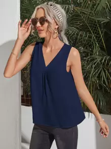 SHEIN Clasi V-neck Solid Top - Navy Blue - View 3