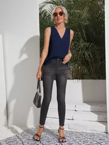 SHEIN Clasi V-neck Solid Top - Navy Blue - View 4