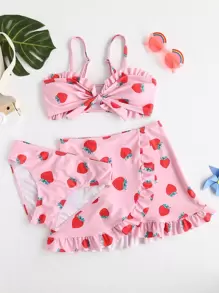 Tween Girl 3packs Strawberry Print Frill Trim Bikini Set With Beach Skirt Summer Beach - Pink - View 1