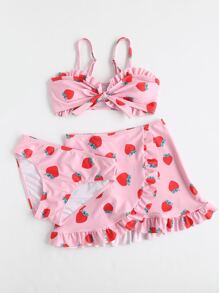 Tween Girl 3packs Strawberry Print Frill Trim Bikini Set With Beach Skirt Summer Beach - Pink - View 4
