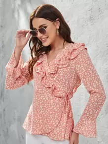 SHEIN Ditsy Floral Print Ruffle Trim Flounce Sleeve Knot Side Wrap Blouse - Coral Pink - View 1