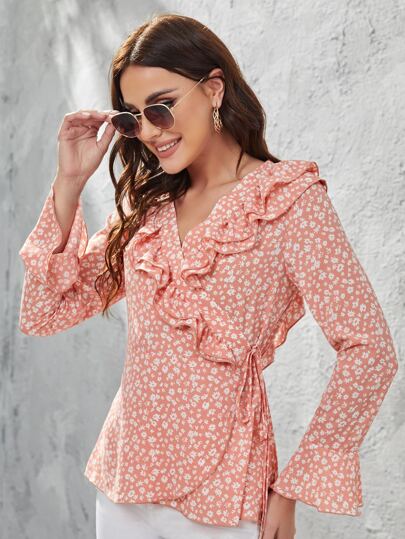 SHEIN Ditsy Floral Print Ruffle Trim Flounce Sleeve Knot Side Wrap Blouse