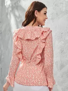 SHEIN Ditsy Floral Print Ruffle Trim Flounce Sleeve Knot Side Wrap Blouse - Coral Pink - View 2