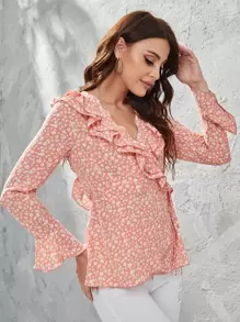SHEIN Ditsy Floral Print Ruffle Trim Flounce Sleeve Knot Side Wrap Blouse - Coral Pink - View 4