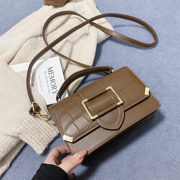 

Crocodile Embossed Buckle Decor Square Bag, Coffee brown