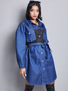 Váy denim nữ Nút phía trước Khối Màu Giải trí - Rửa trung bình - Xem 1