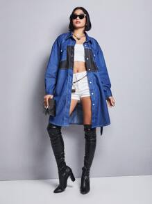 Váy denim nữ Nút phía trước Khối Màu Giải trí - Rửa trung bình - Xem 7