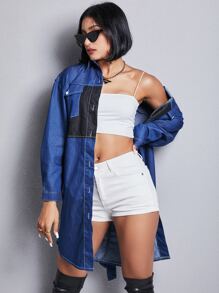 Váy denim nữ Nút phía trước Khối Màu Giải trí - Rửa trung bình - Xem 9