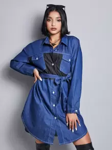 Váy denim nữ Nút phía trước Khối Màu Giải trí - Rửa trung bình - Xem 3