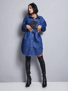 Váy denim nữ Nút phía trước Khối Màu Giải trí - Rửa trung bình - Xem 4