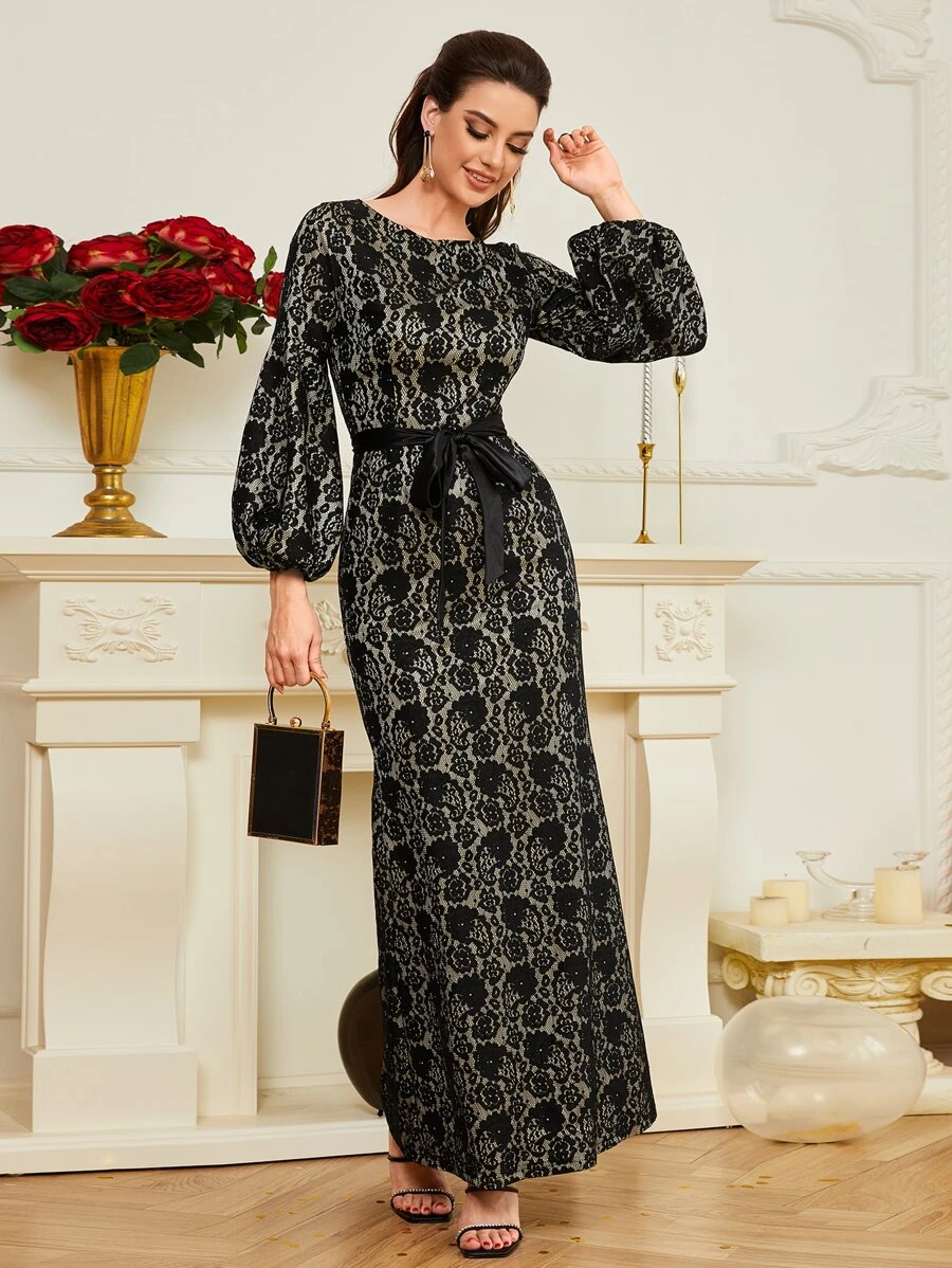 SHEIN Lantern Sleeve Belted Maxi Lace Prom Dress - Black - View 1