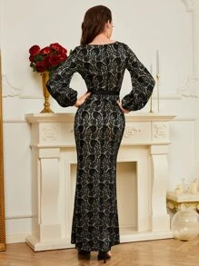 SHEIN Lantern Sleeve Belted Maxi Lace Prom Dress - Black - View 2