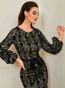 SHEIN Lantern Sleeve Belted Maxi Lace Prom Dress - Black - View 3