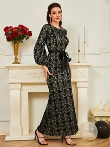 SHEIN Lantern Sleeve Belted Maxi Lace Prom Dress - Black - View 4