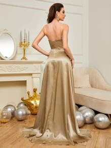 SHEIN Belle 拼接網紗高衩緞面洋裝不附腰帶 - 香檳色 - 查看 2