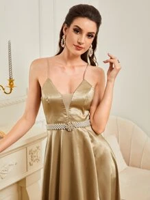 SHEIN Belle 拼接網紗高衩緞面洋裝不附腰帶 - 香檳色 - 查看 3