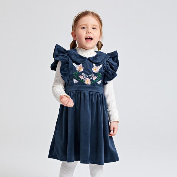 

Toddler Girls Floral Embroidery Ruffle Trim Peter Pan Collar Velvet Dress, Navy blue