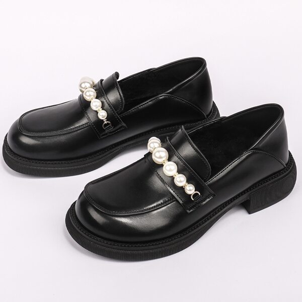

Faux Pearls Decor Flat Loafers, Black