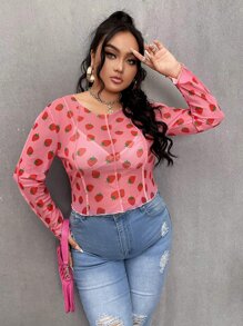 大碼草莓圖案透視網紗上衣 - 粉色 - 查看 1