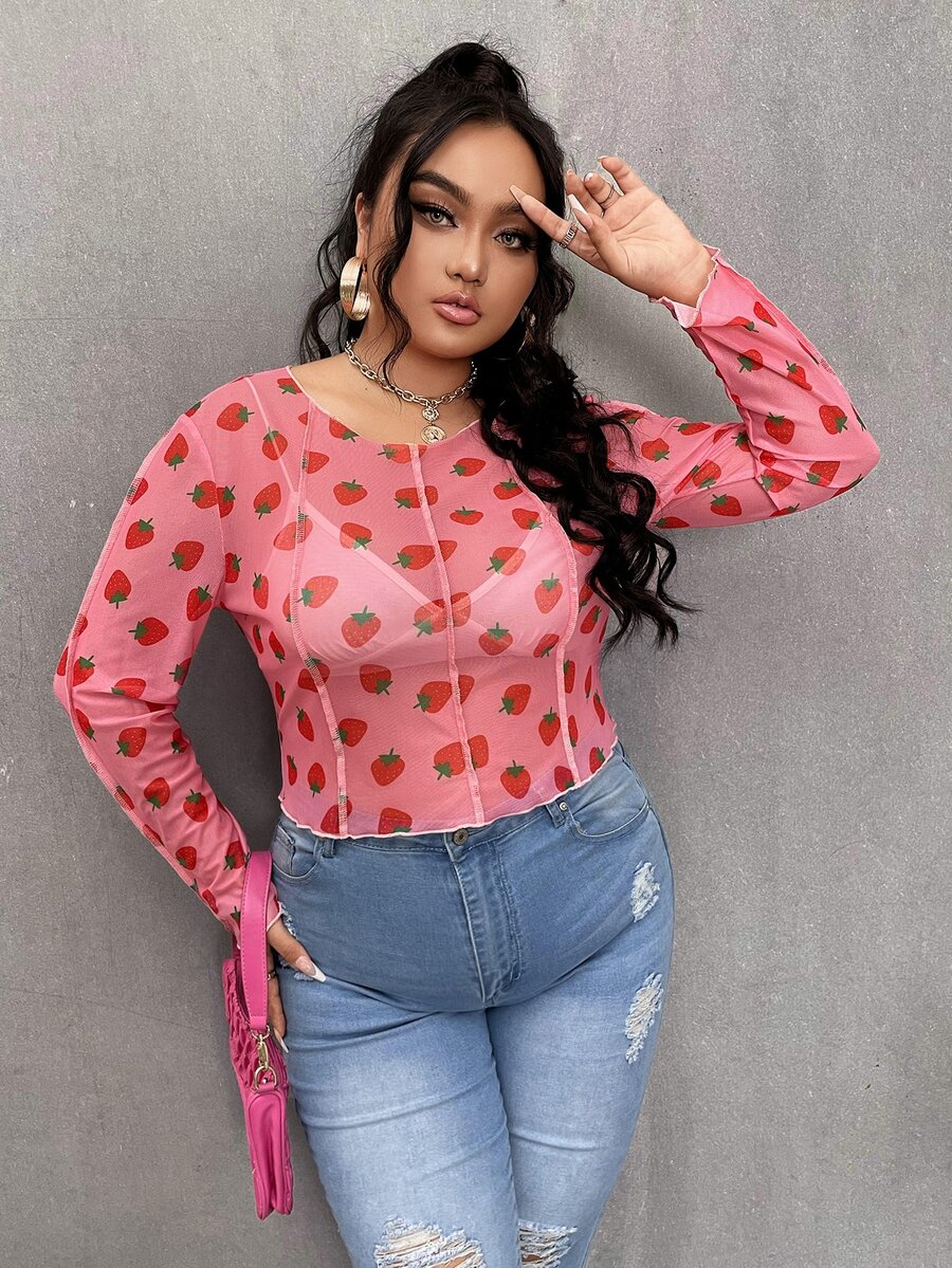 大碼草莓圖案透視網紗上衣 - 粉色 - 查看 1