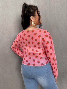 大碼草莓圖案透視網紗上衣 - 粉色 - 查看 2