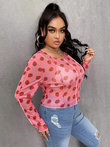 大碼草莓圖案透視網紗上衣 - 粉色 - 查看 3