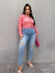 大碼草莓圖案透視網紗上衣 - 粉色 - 查看 4