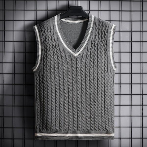 

Men Striped Trim Sweater Vest, Dark grey