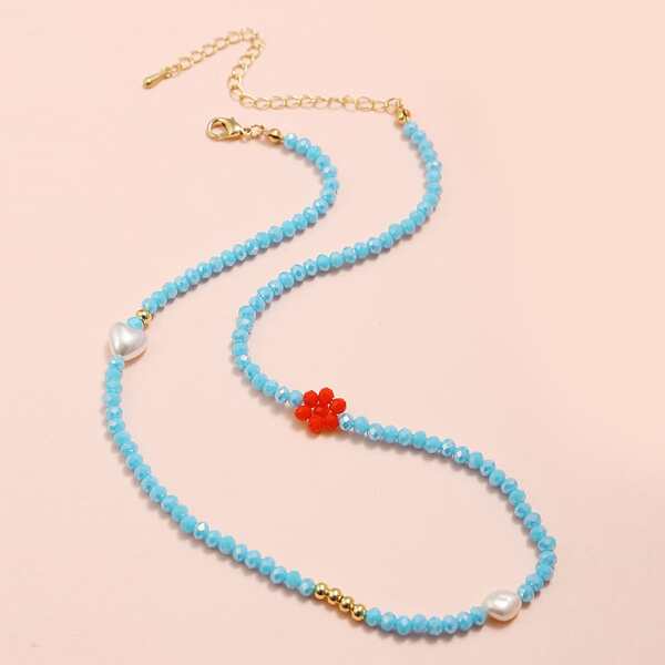 

Faux Pearl & Flower Decor Beaded Necklace, Multicolor