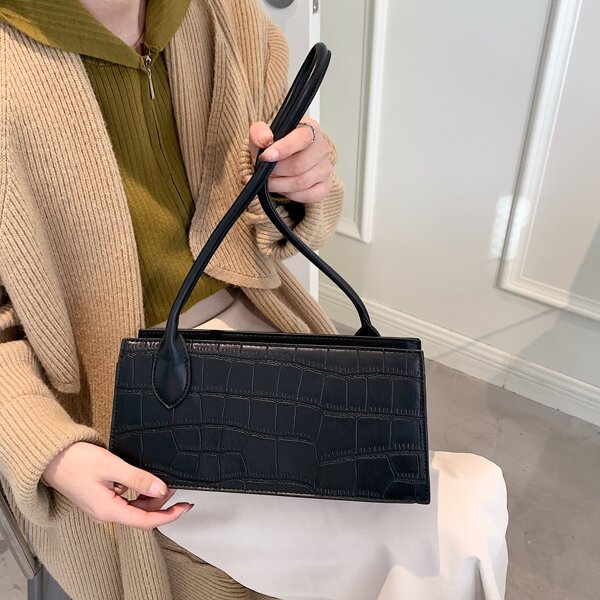 

Crocodile Embossed Baguette Bag, Black