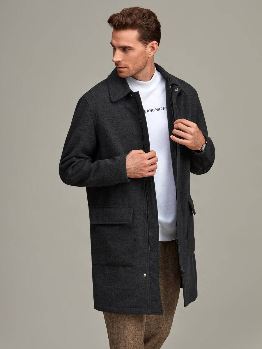 Manfinity Áo choàng Nam Túi Dây kéo Nút phía trước màu trơn Giải trí - Màu xám đen - Xem 1